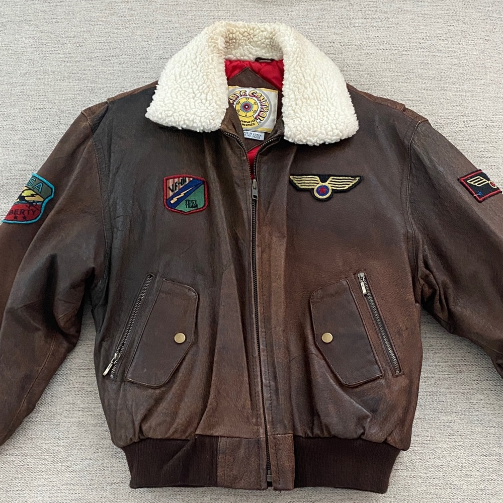 Boy’s Brown Leather Aviator Jacket with Patches